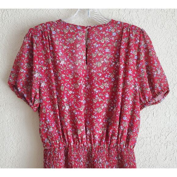 URBAN OUTFITTERS Women's M Dress Red Floral Smocked Elastic Skirt Short Sleeve - Picture 6 of 7
